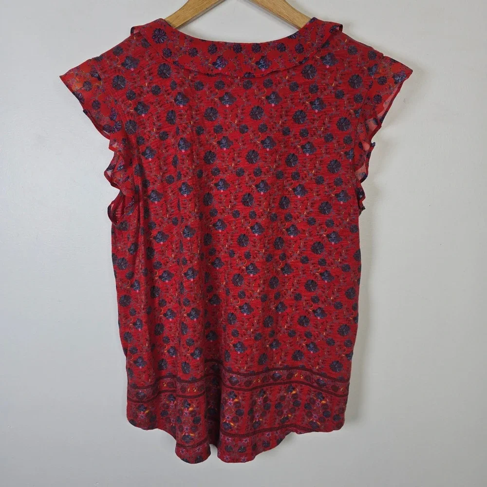 Lucky Brand Womens Red Floral Ruffle Cap Sleeve Boho V-Neck Top Medium - Picture 2 of 5